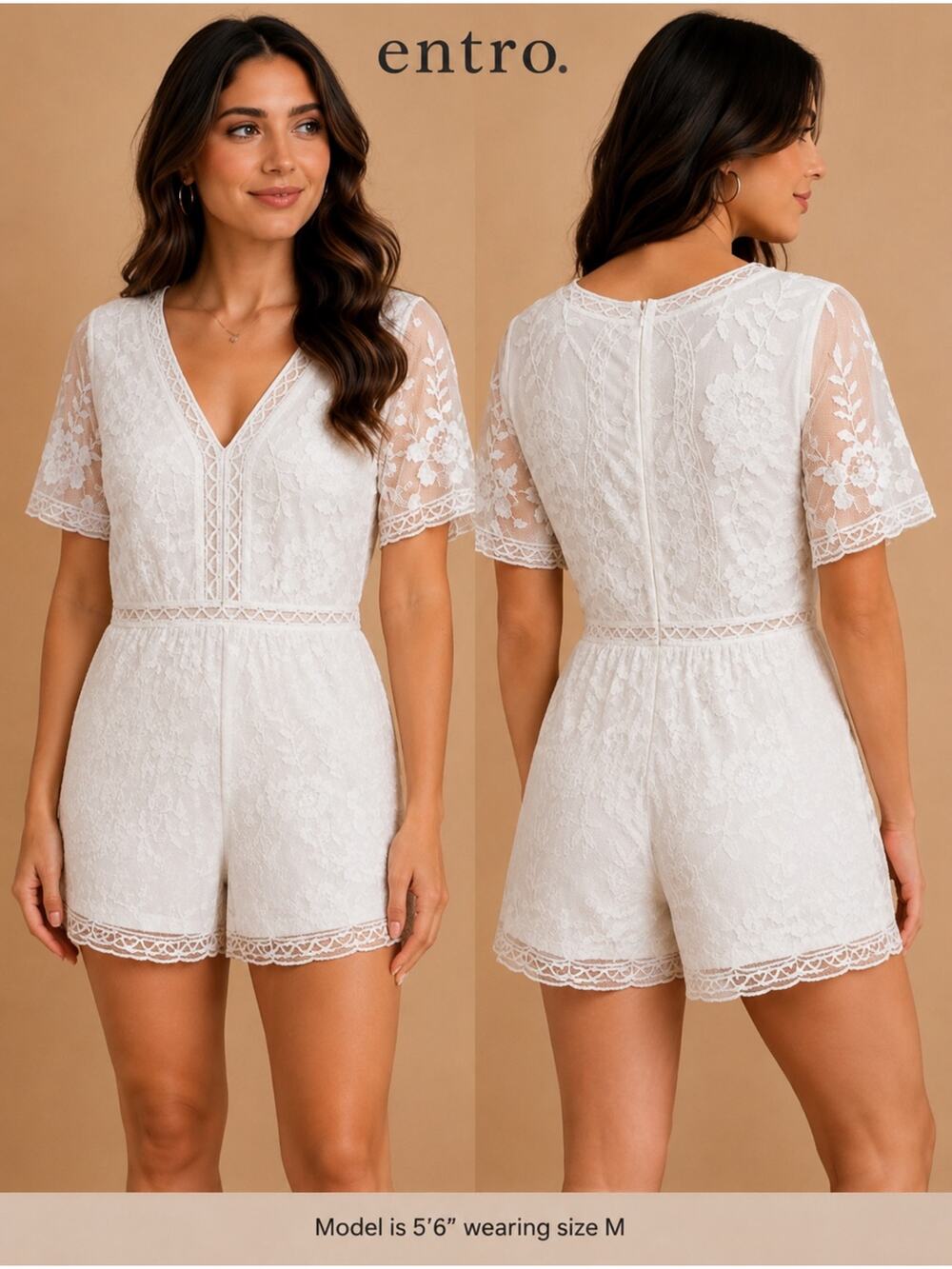 Entro White Lace Trim Romper Medium NWT V-Neck Short Sleeve lined